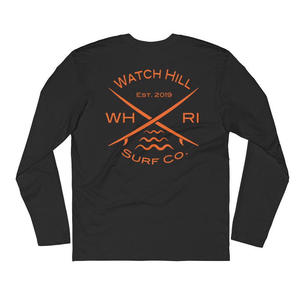 Watch Hill 'Surf Co.’ Premium Long Sleeve Fitted Crew (Orange) - Watch Hill RI t-shirts with vintage surfing and motorcycle designs.