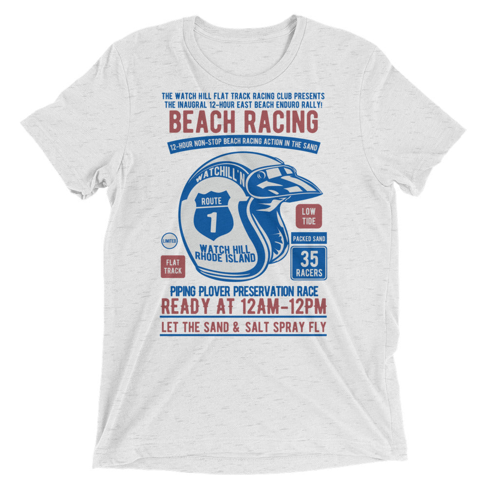 Watchill’n ‘Beach Racing’ Unisex Short sleeve t-shirt (Blue/Rust) - Watchill'n