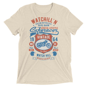 Watchill’n ‘Bike Barn’ Unisex Short sleeve t-shirt (Rust/Lt Blue) - Watchill'n