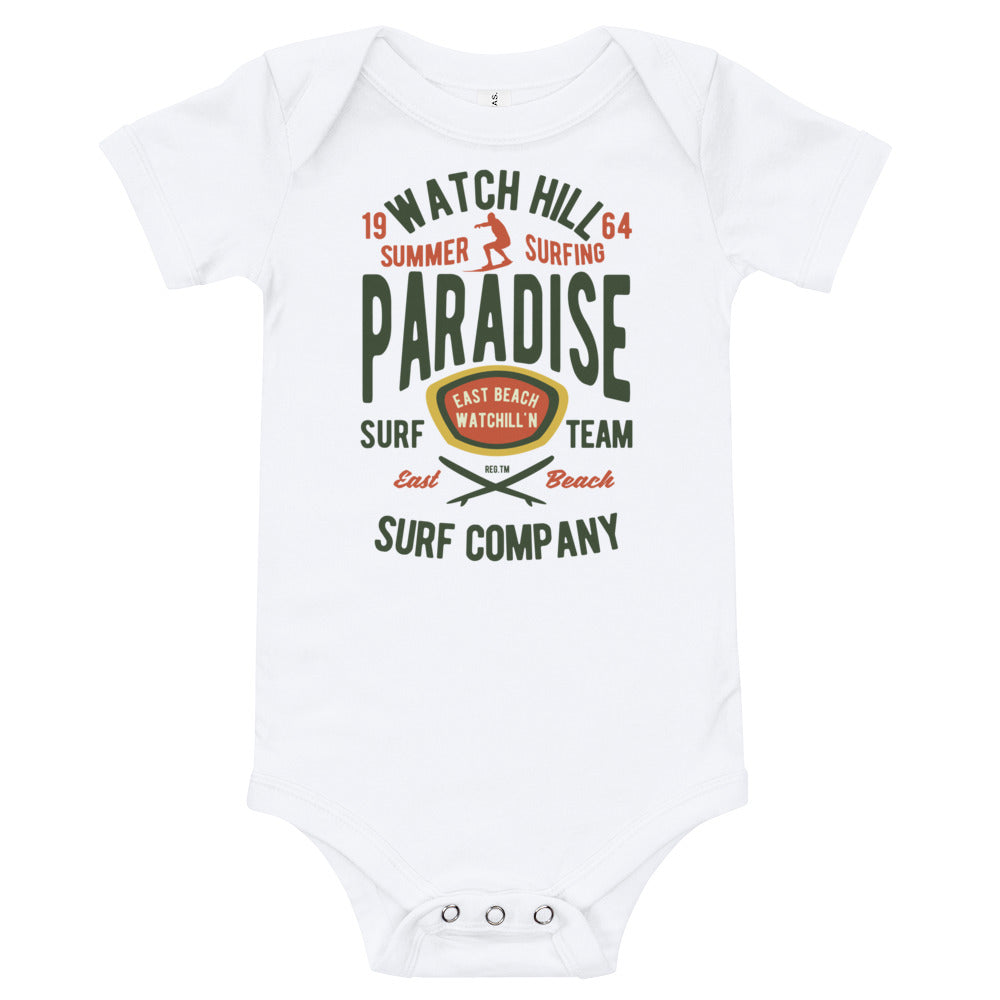 Watchill'n 'Summer Surfing' -Baby Jersey Short Sleeve One Piece (Green/Terracotta) - Watch Hill RI t-shirts with vintage surfing and motorcycle designs.