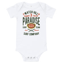 Load image into Gallery viewer, Watchill&#39;n &#39;Summer Surfing&#39; -Baby Jersey Short Sleeve One Piece (Green/Terracotta) - Watch Hill RI t-shirts with vintage surfing and motorcycle designs.