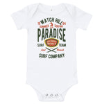 Watchill'n 'Summer Surfing' -Baby Jersey Short Sleeve One Piece (Green/Terracotta) - Watch Hill RI t-shirts with vintage surfing and motorcycle designs.
