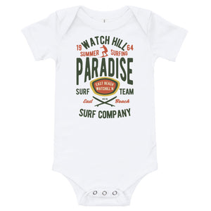 Watchill'n 'Summer Surfing' -Baby Jersey Short Sleeve One Piece (Green/Terracotta) - Watch Hill RI t-shirts with vintage surfing and motorcycle designs.