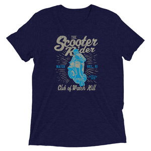 Watchill’n ‘Scooter Rider’ Unisex Short Sleeve t-shirt (Grey/Cyan) - Watch Hill RI t-shirts with vintage surfing and motorcycle designs.