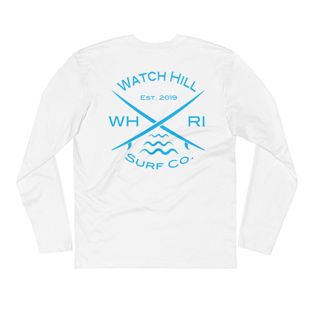 Watch Hill 'Surf Co.’ Premium Long Sleeve Fitted Crew (Cyan) - Watch Hill RI t-shirts with vintage surfing and motorcycle designs.