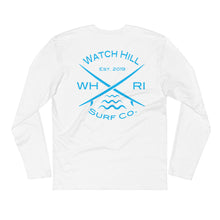 Load image into Gallery viewer, Watch Hill &#39;Surf Co.’ Premium Long Sleeve Fitted Crew (Cyan) - Watch Hill RI t-shirts with vintage surfing and motorcycle designs.