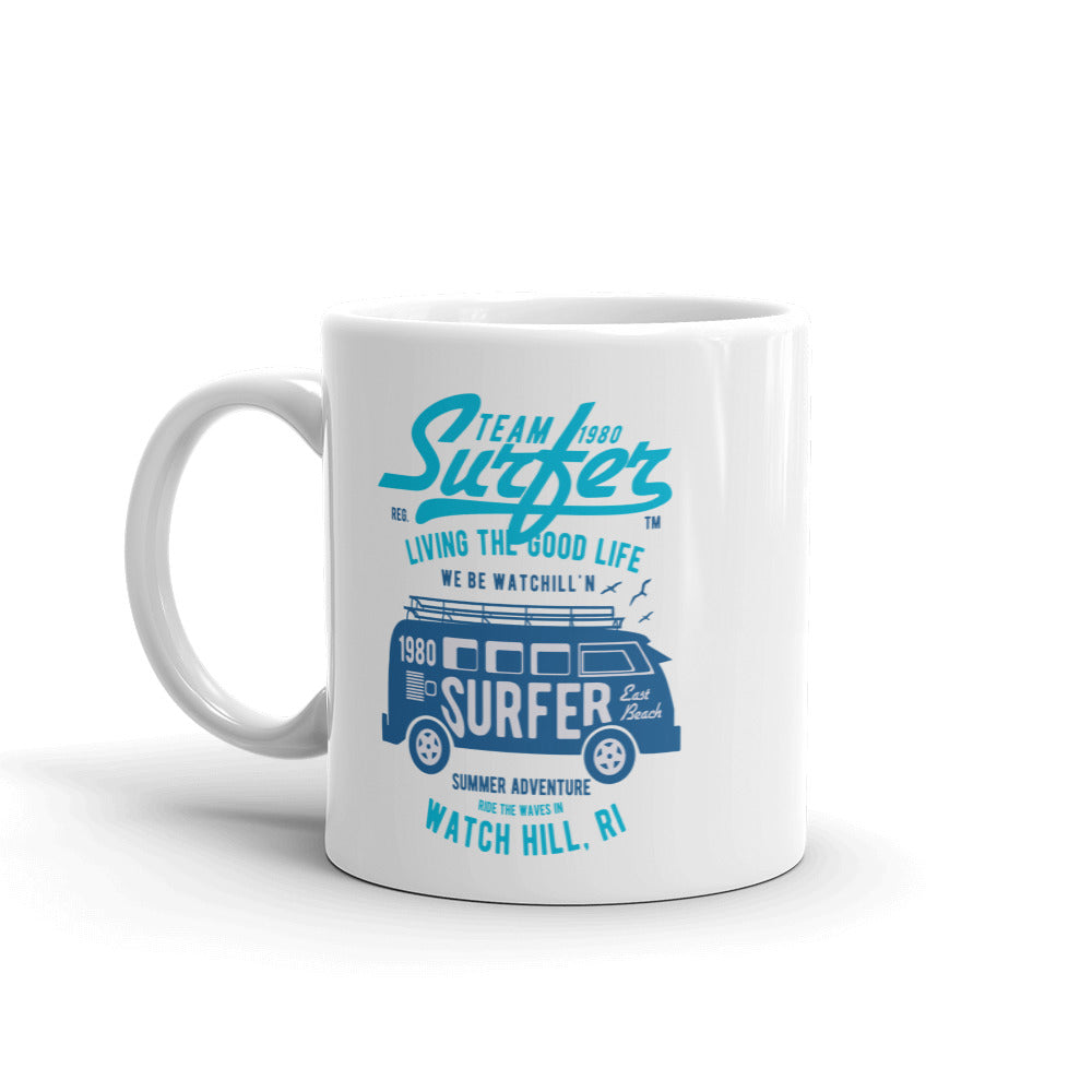 Watchill'n 'Team Surfer' Ceramic Mug - (Cyan/Blue) - Watch Hill RI t-shirts with vintage surfing and motorcycle designs.