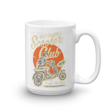 Load image into Gallery viewer, Watchill’n ‘Scooter Club’ Ceramic Mugs in 11oz. or 15oz. (Creme/Cyan) - Watch Hill RI t-shirts with vintage surfing and motorcycle designs.