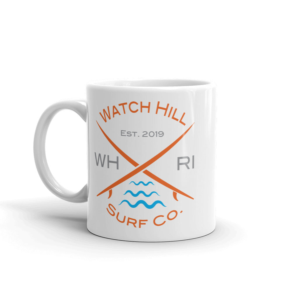 Watch Hill ‘Surf Co.’ Ceramic Mugs in 11oz. or 15oz. (Orange/Grey/Cyan) - Watch Hill RI t-shirts with vintage surfing and motorcycle designs.