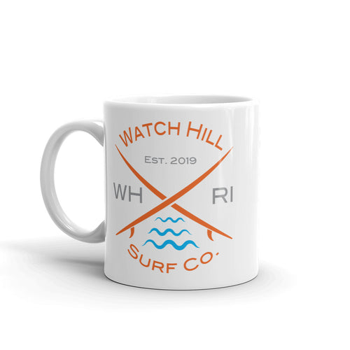 Watch Hill ‘Surf Co.’ Ceramic Mugs in 11oz. or 15oz. (Orange/Grey/Cyan) - Watch Hill RI t-shirts with vintage surfing and motorcycle designs.