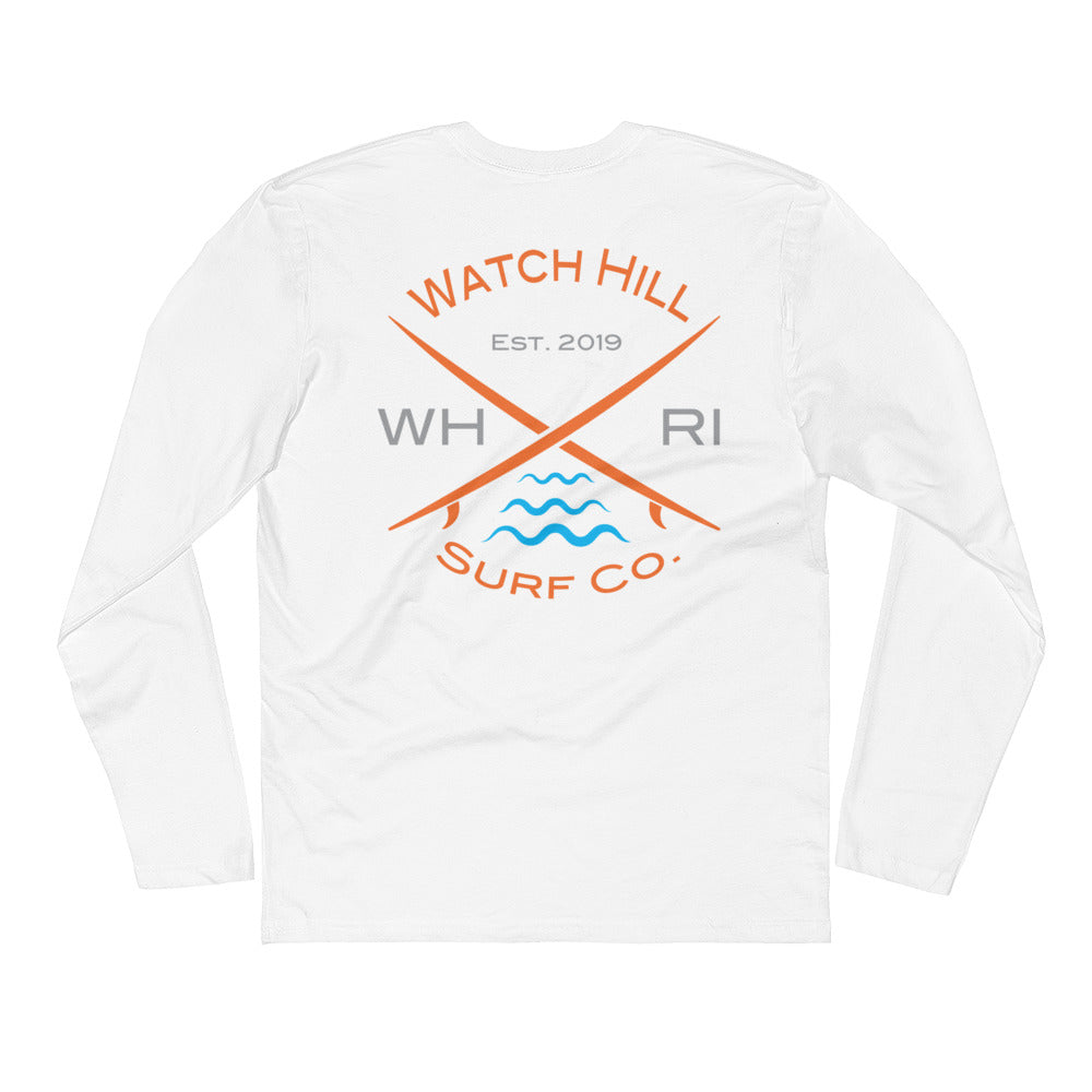 Watch Hill 'Surf Co.’ Premium Long Sleeve Fitted Crew (Orange/Grey/Cyan) - Watch Hill RI t-shirts with vintage surfing and motorcycle designs.