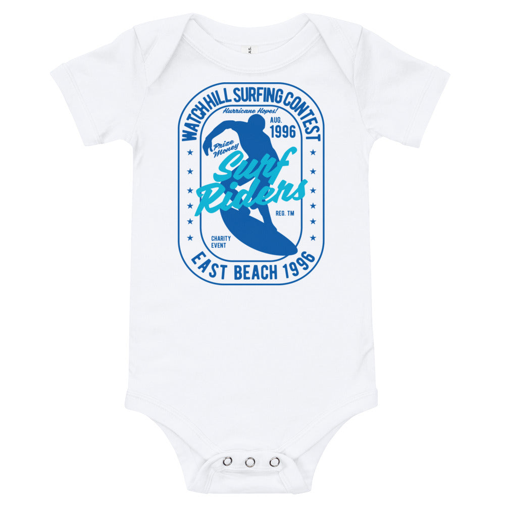 Watchill'n 'Surf Rider' - Baby Jersey Short Sleeve One Piece (Blue) - Watch Hill RI t-shirts with vintage surfing and motorcycle designs.