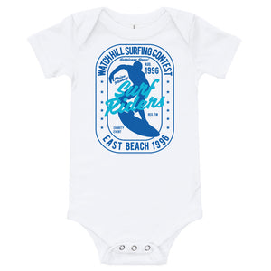 Watchill'n 'Surf Rider' - Baby Jersey Short Sleeve One Piece (Blue) - Watch Hill RI t-shirts with vintage surfing and motorcycle designs.