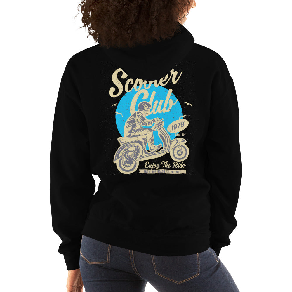 Watchill’n ‘Scooter Club’ Unisex Hoodie (Creme/Cyan) - Watch Hill RI t-shirts with vintage surfing and motorcycle designs.