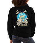 Watchill’n ‘Scooter Club’ Unisex Hoodie (Creme/Cyan) - Watch Hill RI t-shirts with vintage surfing and motorcycle designs.