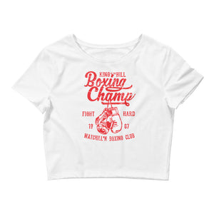 Watchill'n 'Boxing Champ' - Women’s Crop Tee (Red) - Watch Hill RI t-shirts with vintage surfing and motorcycle designs.