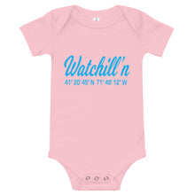 Load image into Gallery viewer, Watchill&#39;n &#39;Coordinates&#39; - Baby Jersey Short Sleeve One Piece (Cyan) - Watch Hill RI t-shirts with vintage surfing and motorcycle designs.