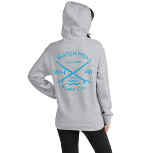 Watch Hill 'Surf Co.’ Unisex Hoodie (Blue) - Watch Hill RI t-shirts with vintage surfing and motorcycle designs.