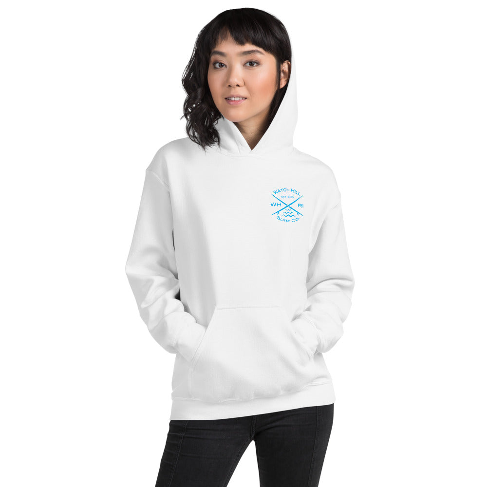 Watch Hill 'Surf Co.’ Unisex Hoodie (Blue) - Watch Hill RI t-shirts with vintage surfing and motorcycle designs.