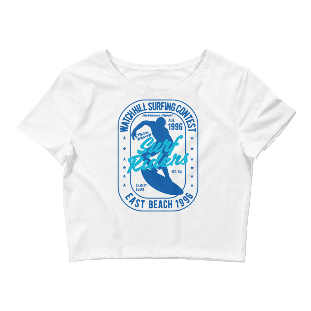 Watchill'n 'Surf Rider' - Women’s Crop Tee (Blue/Cyan) - Watch Hill RI t-shirts with vintage surfing and motorcycle designs.