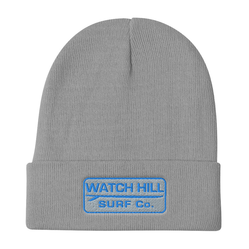 Watch Hill Surf Co. 'Patch Logo' Embroidered Beanie (Blue) - Watch Hill RI t-shirts with vintage surfing and motorcycle designs.