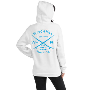 Watch Hill 'Surf Co.’ Unisex Hoodie (Blue) - Watch Hill RI t-shirts with vintage surfing and motorcycle designs.