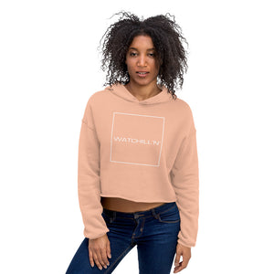 Watchill'n 'Square' Logo - Women's Cropped Fleece Hoodie (White) - Watch Hill RI t-shirts with vintage surfing and motorcycle designs.