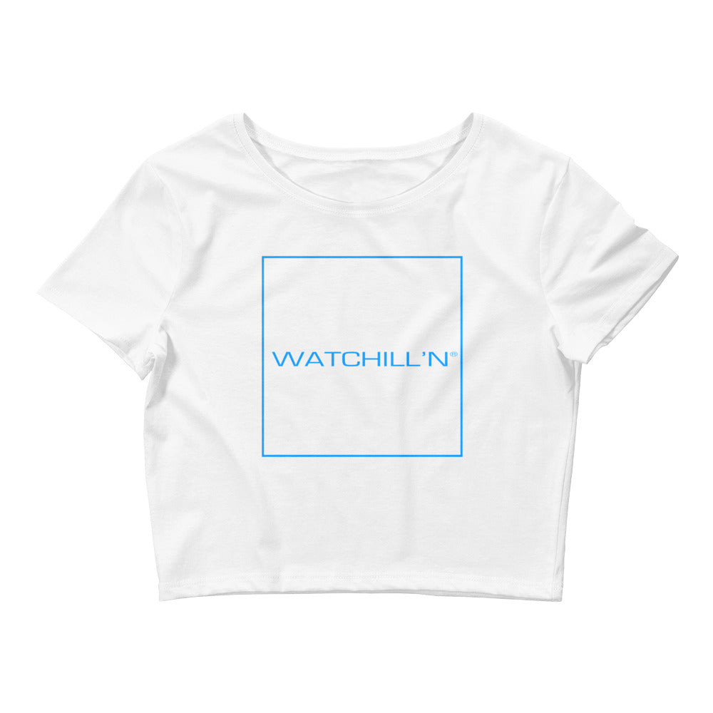 Watchill'n 'Box Logo' - Women’s Crop Tee (Cyan) - Watch Hill RI t-shirts with vintage surfing and motorcycle designs.