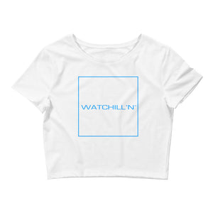 Watchill'n 'Box Logo' - Women’s Crop Tee (Cyan) - Watch Hill RI t-shirts with vintage surfing and motorcycle designs.