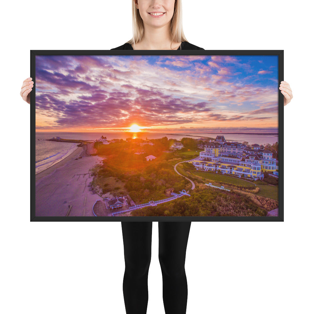 Watch Hill Sunset Over East Beach, Framed poster - Watch Hill RI t-shirts with vintage surfing and motorcycle designs.