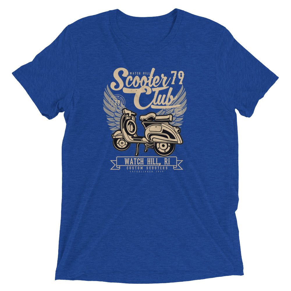 Watchill’n ‘Scooter Club 2’ Unisex Short Sleeve t-shirt (Creme/Black) - Watch Hill RI t-shirts with vintage surfing and motorcycle designs.