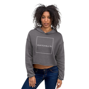 Watchill'n 'Square' Logo - Women's Cropped Fleece Hoodie (White) - Watch Hill RI t-shirts with vintage surfing and motorcycle designs.