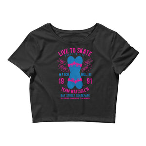 Watchill'n 'Live to Skate' - Women’s Crop Tee (Pink/Blue) - Watch Hill RI t-shirts with vintage surfing and motorcycle designs.