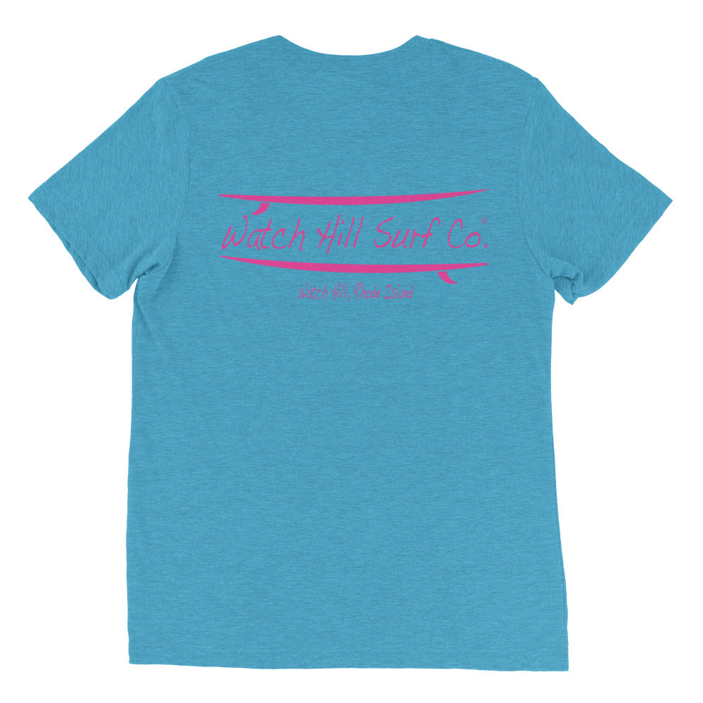 Watch Hill Surf Co. 'Parallel Boards' Unisex Short sleeve t-shirt (Pink) - Watch Hill RI t-shirts with vintage surfing and motorcycle designs.