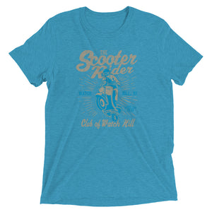Watchill’n ‘Scooter Rider’ Unisex Short Sleeve t-shirt (Grey/Cyan) - Watch Hill RI t-shirts with vintage surfing and motorcycle designs.