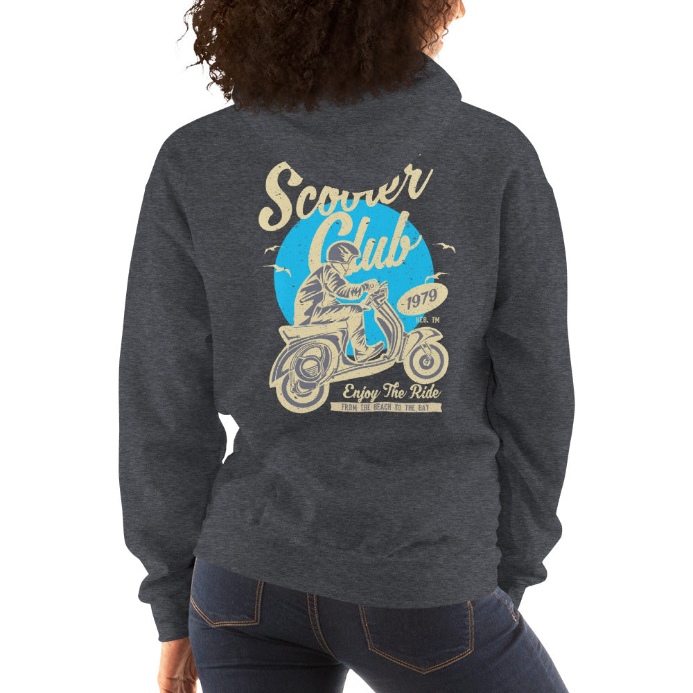 Watchill’n ‘Scooter Club’ Unisex Hoodie (Creme/Cyan) - Watch Hill RI t-shirts with vintage surfing and motorcycle designs.