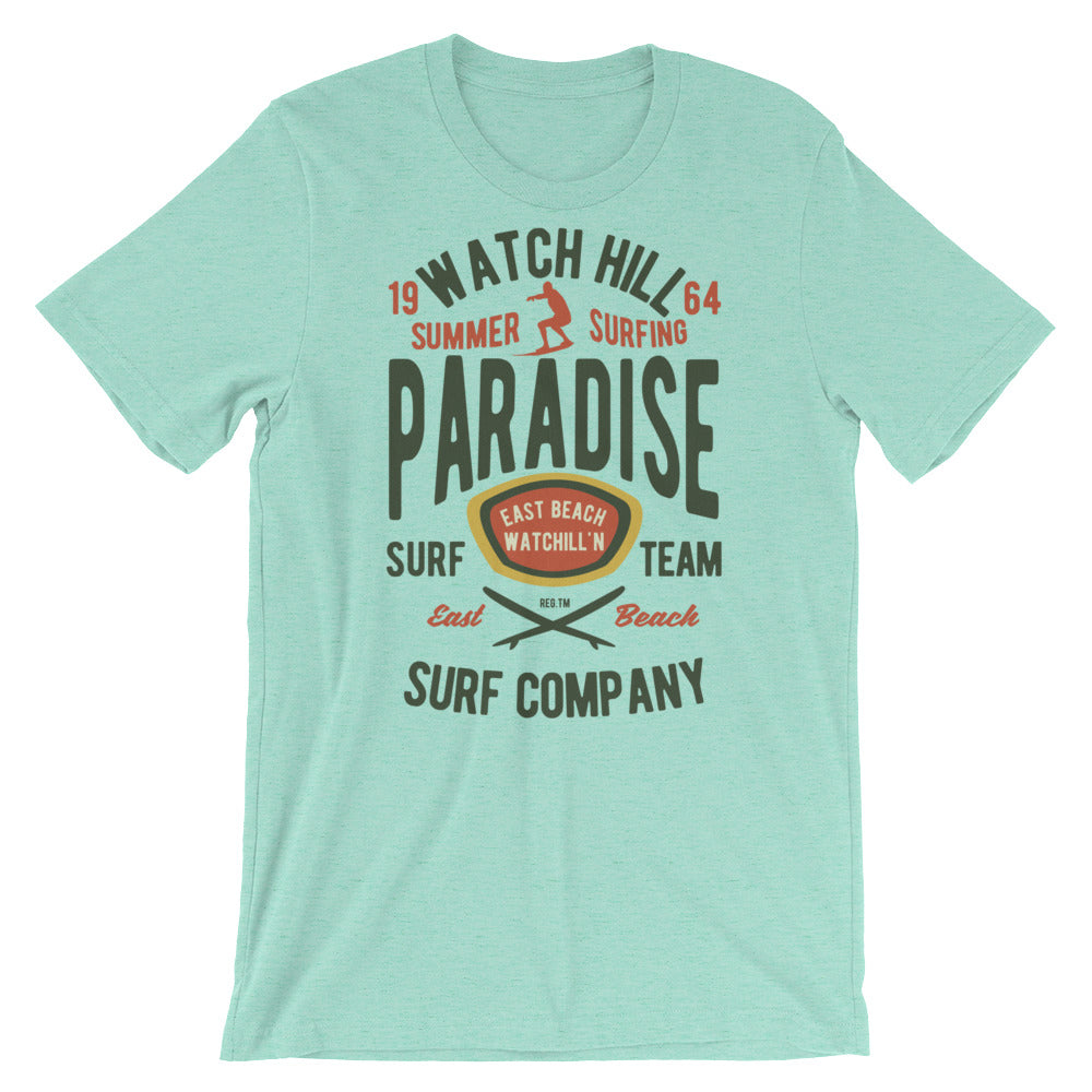 Watchill'n 'Summer Surfing' - Short-Sleeve Unisex T-Shirt (Green/Terracotta) - Watchill'n