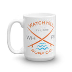 Watch Hill ‘Surf Co.’ Ceramic Mugs in 11oz. or 15oz. (Orange/Grey/Cyan) - Watch Hill RI t-shirts with vintage surfing and motorcycle designs.