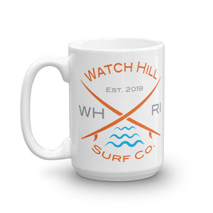 Watch Hill ‘Surf Co.’ Ceramic Mugs in 11oz. or 15oz. (Orange/Grey/Cyan) - Watch Hill RI t-shirts with vintage surfing and motorcycle designs.