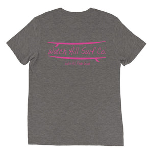 Watch Hill Surf Co. 'Parallel Boards' Unisex Short sleeve t-shirt (Pink) - Watch Hill RI t-shirts with vintage surfing and motorcycle designs.