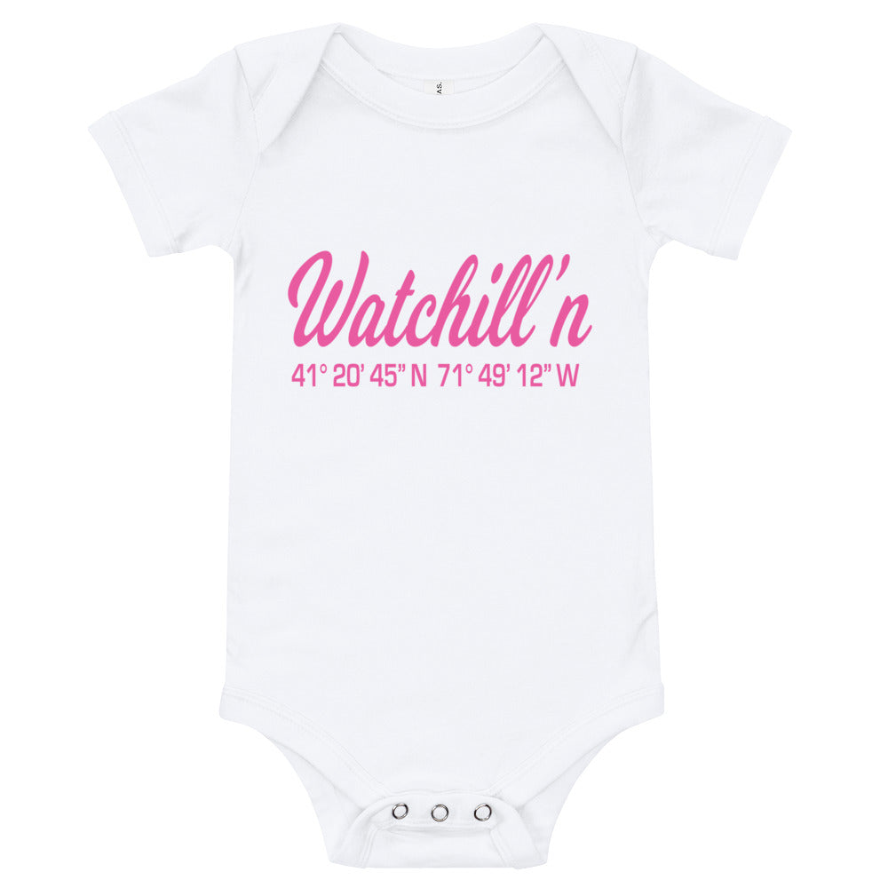 Watchill'n 'Coordinates' - Baby Jersey Short Sleeve One Piece (Pink) - Watch Hill RI t-shirts with vintage surfing and motorcycle designs.