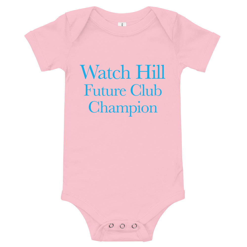 Watch Hill 'Club Champion' - Baby Jersey Short Sleeve One Piece (Cyan) - Watch Hill RI t-shirts with vintage surfing and motorcycle designs.