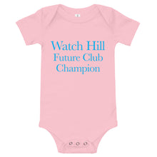 Load image into Gallery viewer, Watch Hill &#39;Club Champion&#39; - Baby Jersey Short Sleeve One Piece (Cyan) - Watch Hill RI t-shirts with vintage surfing and motorcycle designs.