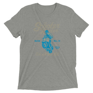 Watchill’n ‘Scooter Rider’ Unisex Short Sleeve t-shirt (Grey/Cyan) - Watch Hill RI t-shirts with vintage surfing and motorcycle designs.