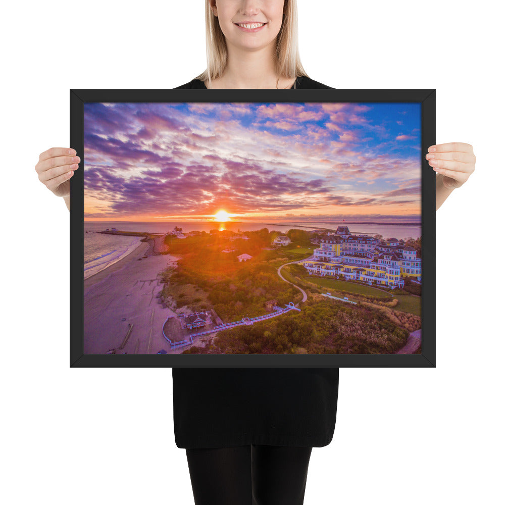 Watch Hill Sunset Over East Beach, Framed poster - Watch Hill RI t-shirts with vintage surfing and motorcycle designs.