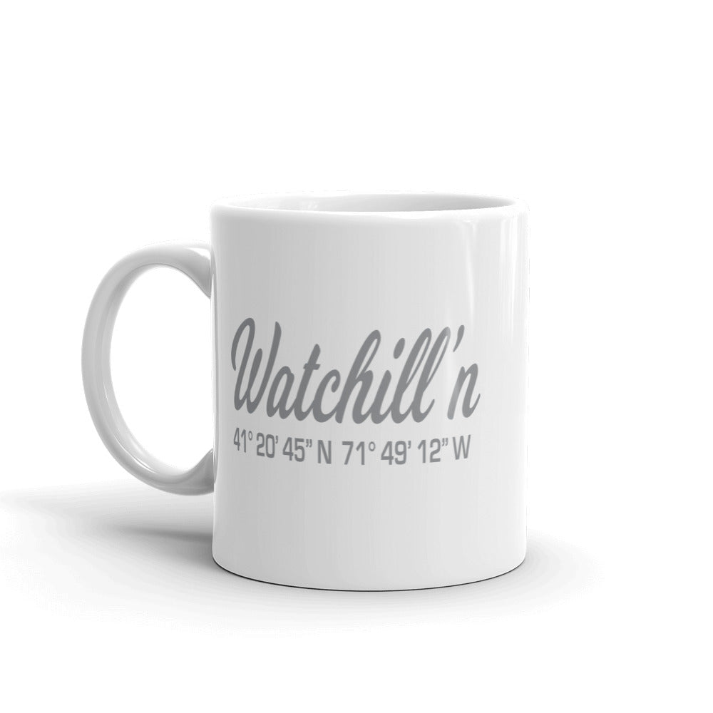 Watchill'n 'Local Coordinates' Ceramic Mug - (Grey) - Watch Hill RI t-shirts with vintage surfing and motorcycle designs.