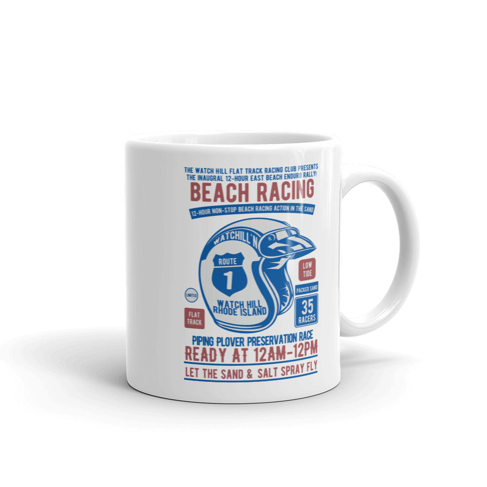 Watchill'n 'Beach Racing' Ceramic Mug - (Blue/Rust) - Watch Hill RI t-shirts with vintage surfing and motorcycle designs.