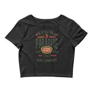 Watchill'n 'Summer Surfing' - Women’s Crop Tee (Green/Terracotta) - Watch Hill RI t-shirts with vintage surfing and motorcycle designs.