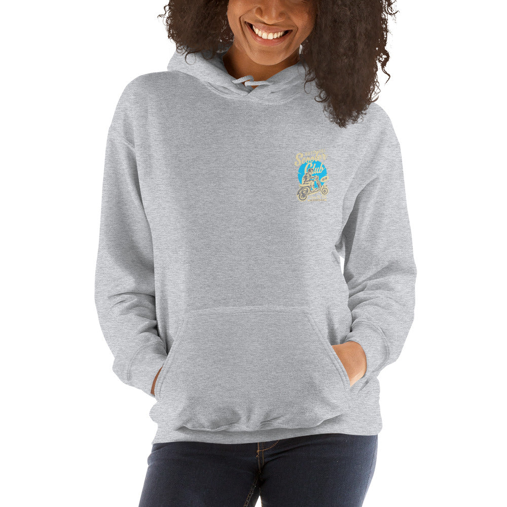 Watchill’n ‘Scooter Club’ Unisex Hoodie (Creme/Cyan) - Watch Hill RI t-shirts with vintage surfing and motorcycle designs.