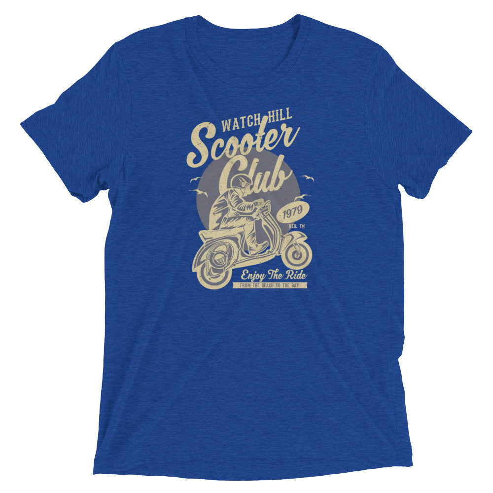 Watchill’n ‘Scooter Club’ Unisex Short Sleeve t-shirt (Creme/Grey) - Watch Hill RI t-shirts with vintage surfing and motorcycle designs.